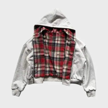 Reversible oversized hooded sweatshirt with plaid inner side and zip front