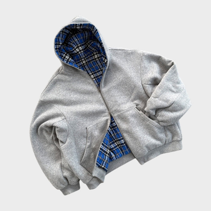 Reversible oversized hooded sweatshirt with plaid inner side and zip front