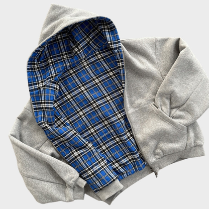 Reversible oversized hooded sweatshirt with plaid inner side and zip front