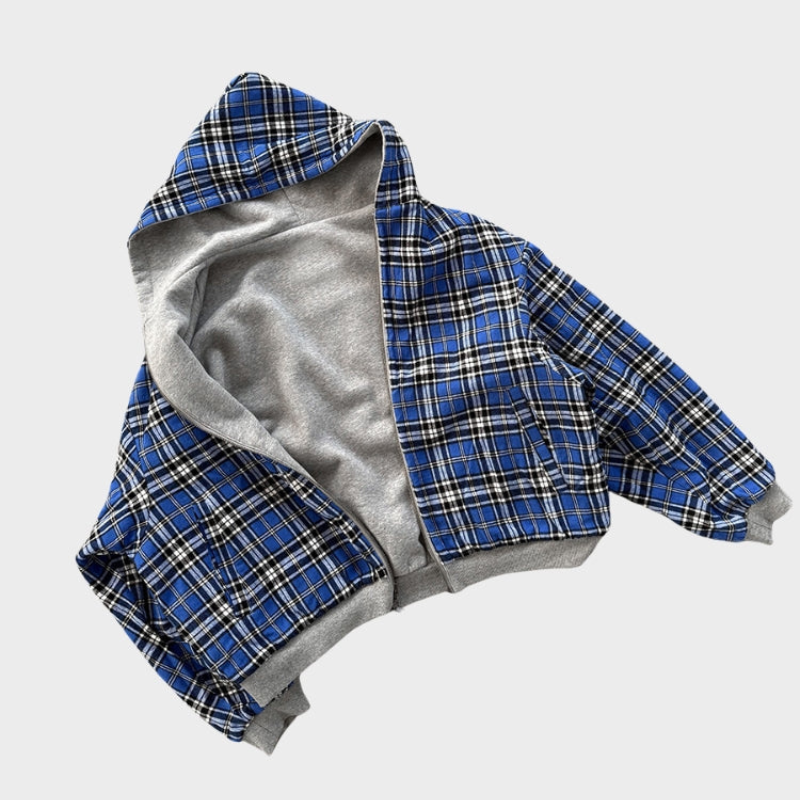 Reversible oversized hooded sweatshirt with plaid inner side and zip front