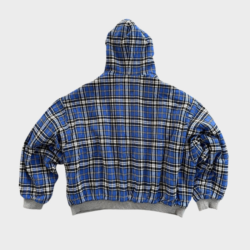 Reversible oversized hooded sweatshirt with plaid inner side and zip front