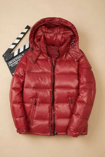 Men's quilted hooded puffer jacket with zip fastening and multiple pockets