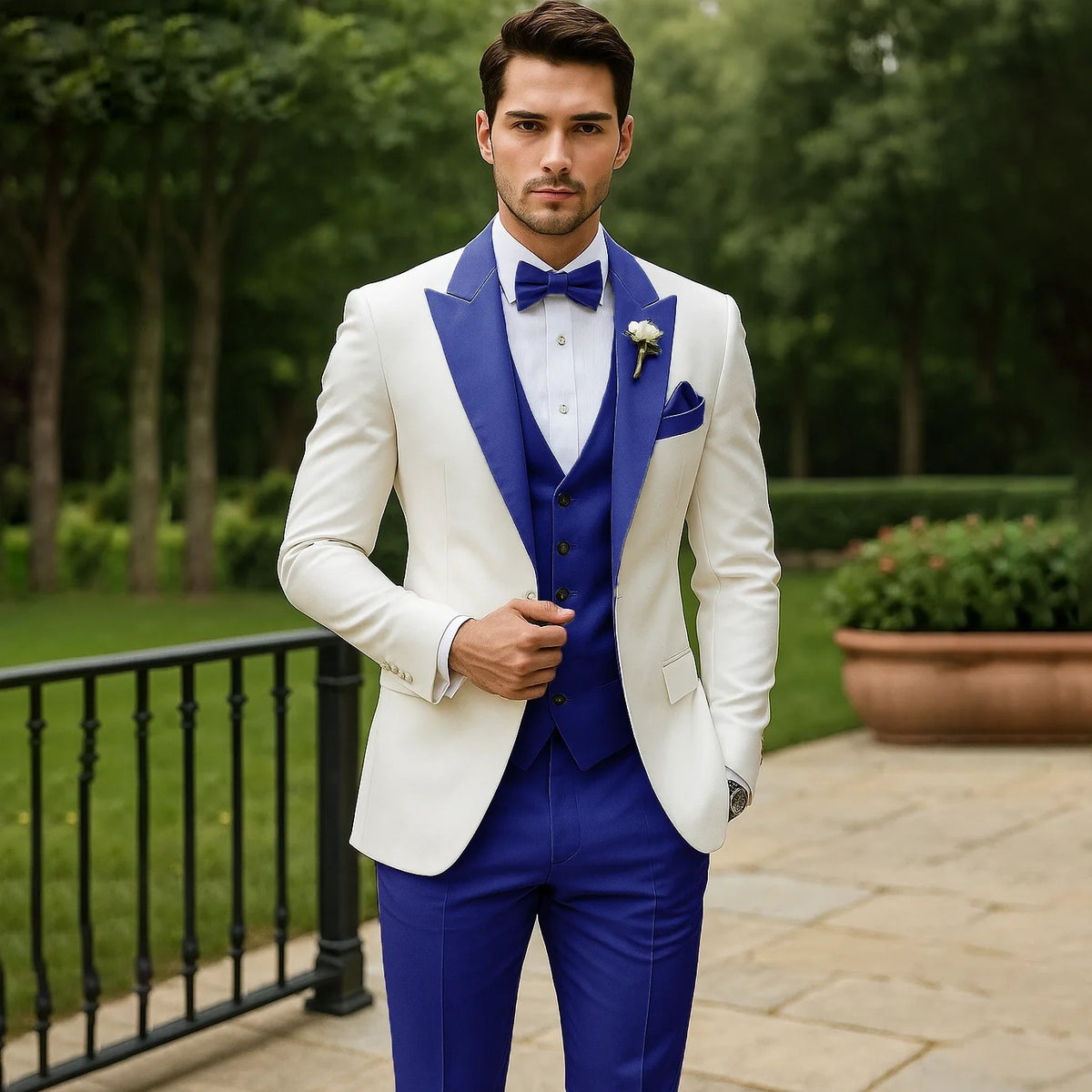 Men's three-piece tuxedo suit with shawl lapel, waistcoat, bow tie and trousers