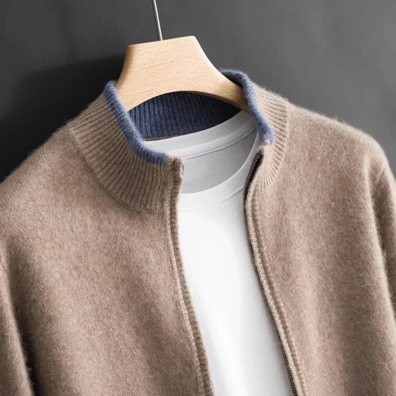 Knit zip-front bomber cardigan with ribbed collar and long sleeves