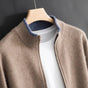 Knit zip-front bomber cardigan with ribbed collar and long sleeves