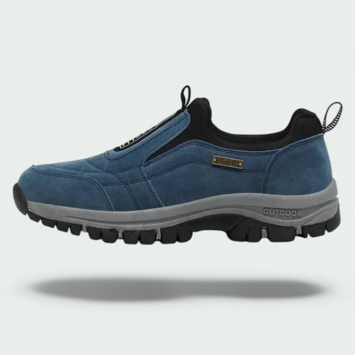 Unisex slip-on outdoor shoes with stitched panels, pull tab and chunky treaded sole