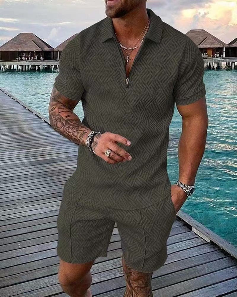 Men's 2-Piece Set, Short Sleeve Zip Collar T-Shirt and Shorts Casual Summer Loungewear