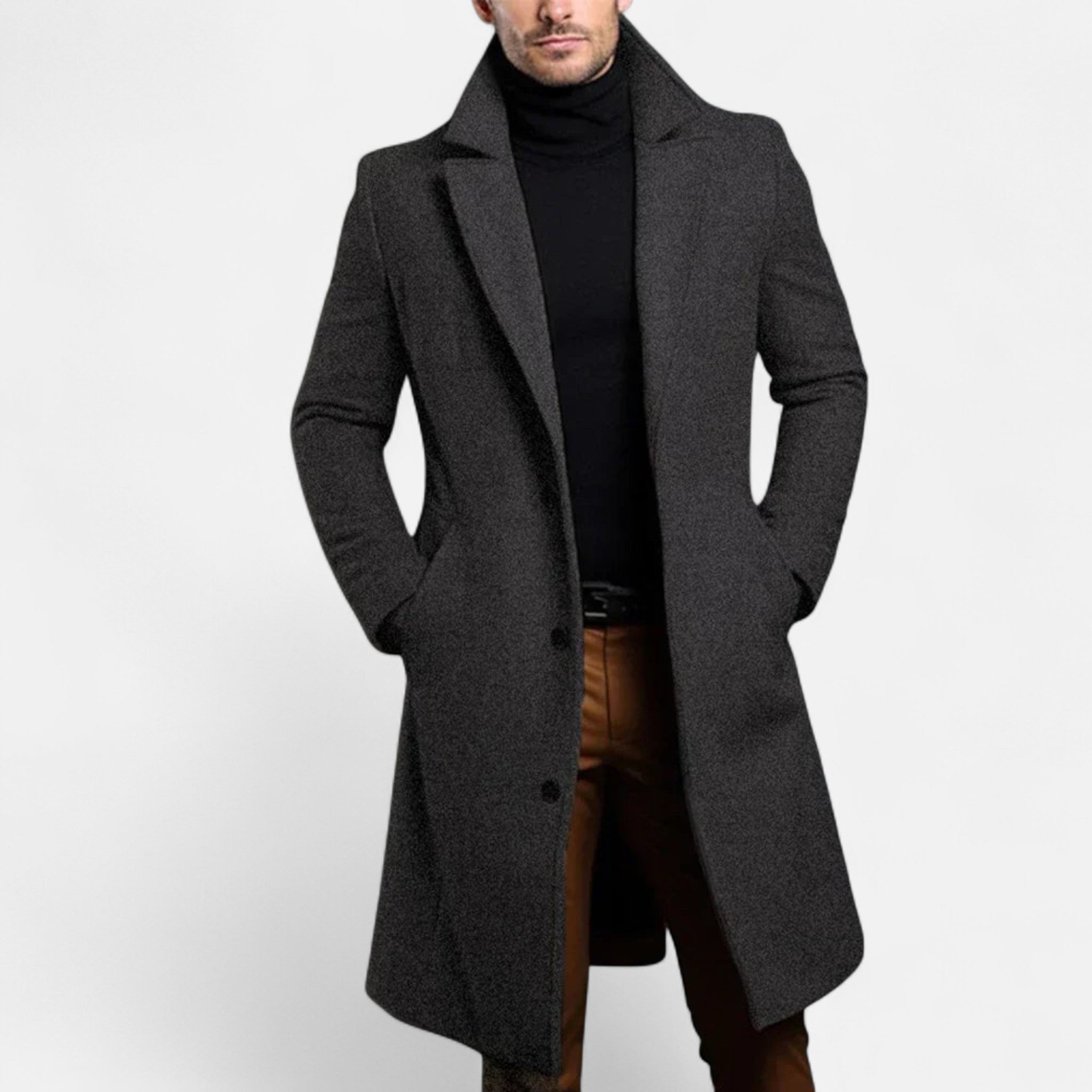 Men's long coat with notched lapels, button front and side pockets