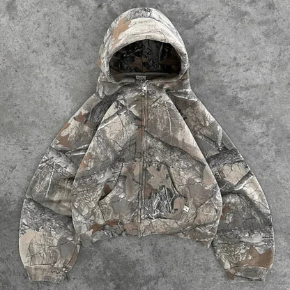 Cropped camouflage hoodie with double hood and front pocket