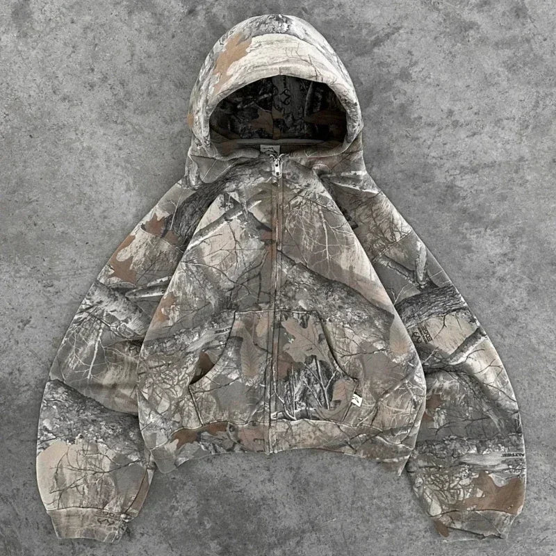 Cropped camouflage hoodie with double hood and front pocket