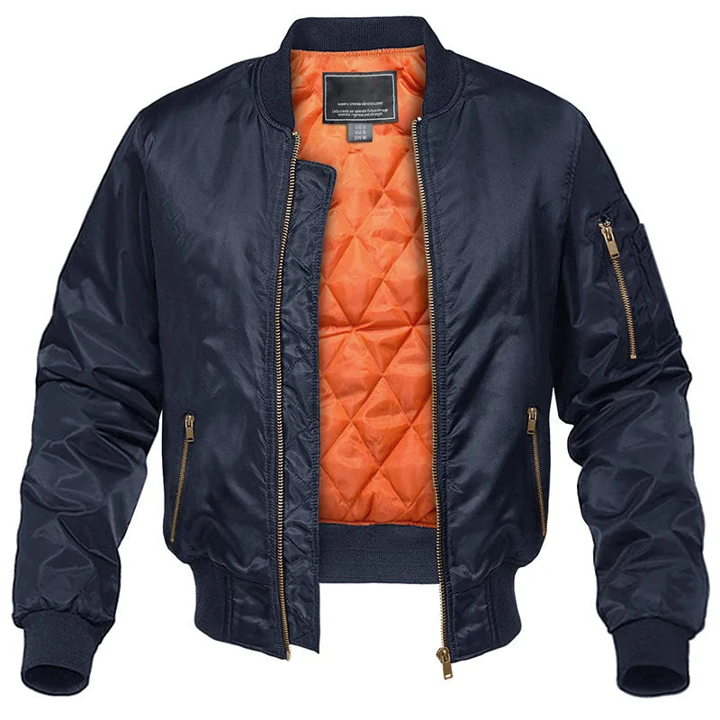 Men's quilted bomber jacket with zip front and ribbed trims