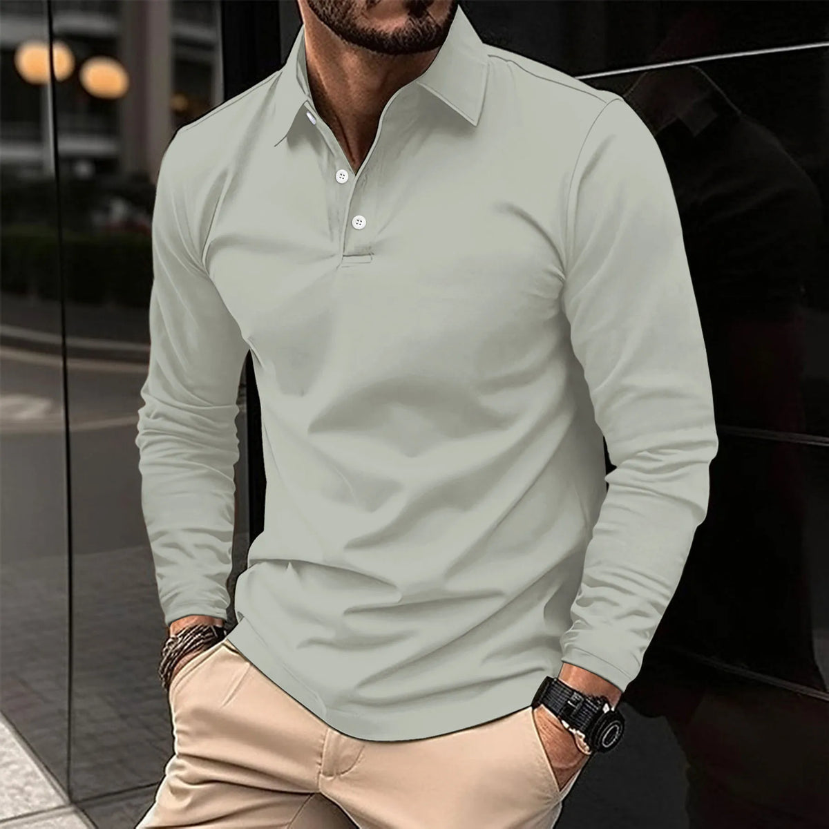 Men's long sleeve collared polo shirt with button placket