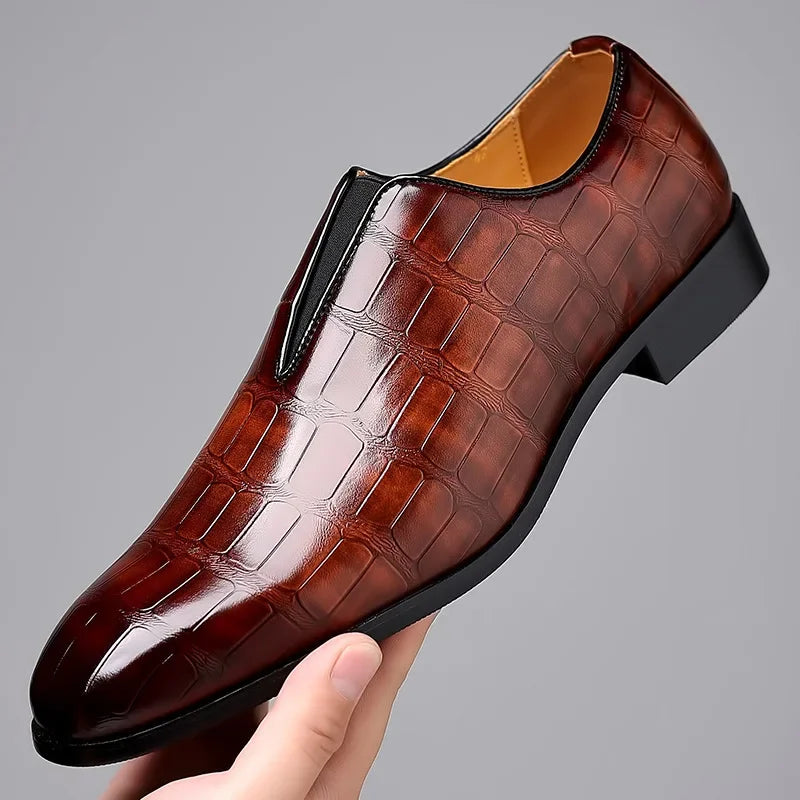 Glossy crocodile-effect embossed slip-on loafers