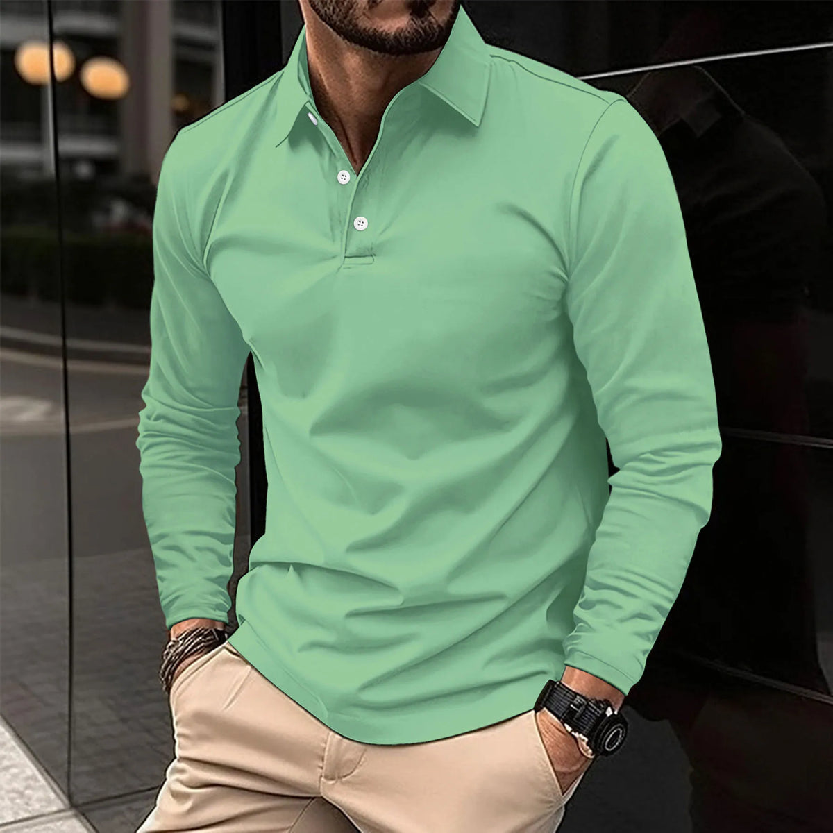Men's long sleeve collared polo shirt with button placket