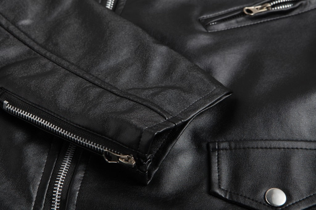 Men's fitted biker jacket with notched collar, angled zip, pockets and waist belt