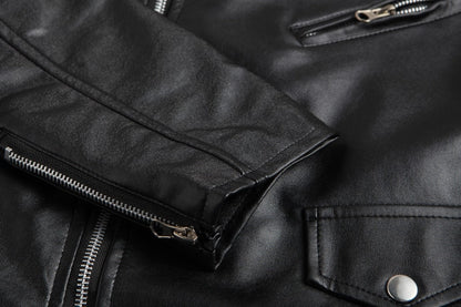 Men's fitted biker jacket with notched collar, angled zip, pockets and waist belt
