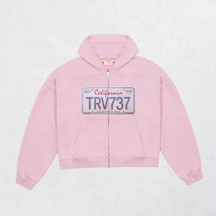 Cropped hooded zip hoodie with license plate chest graphic