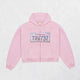 Cropped hooded zip hoodie with license plate chest graphic