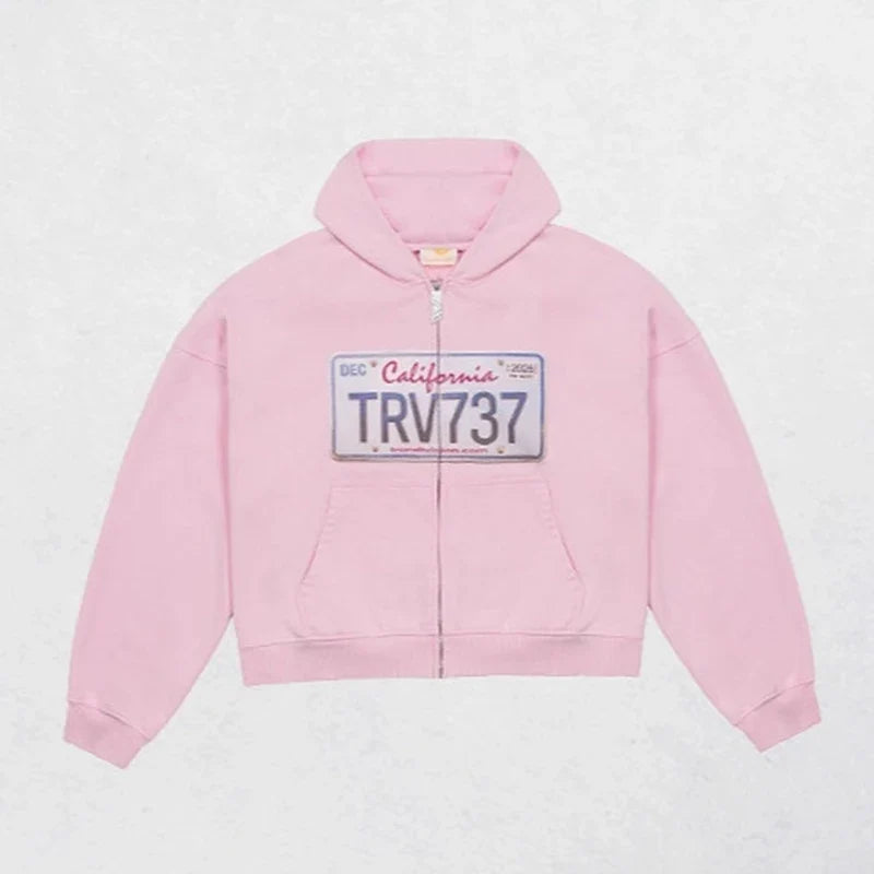 Cropped hooded zip hoodie with license plate chest graphic