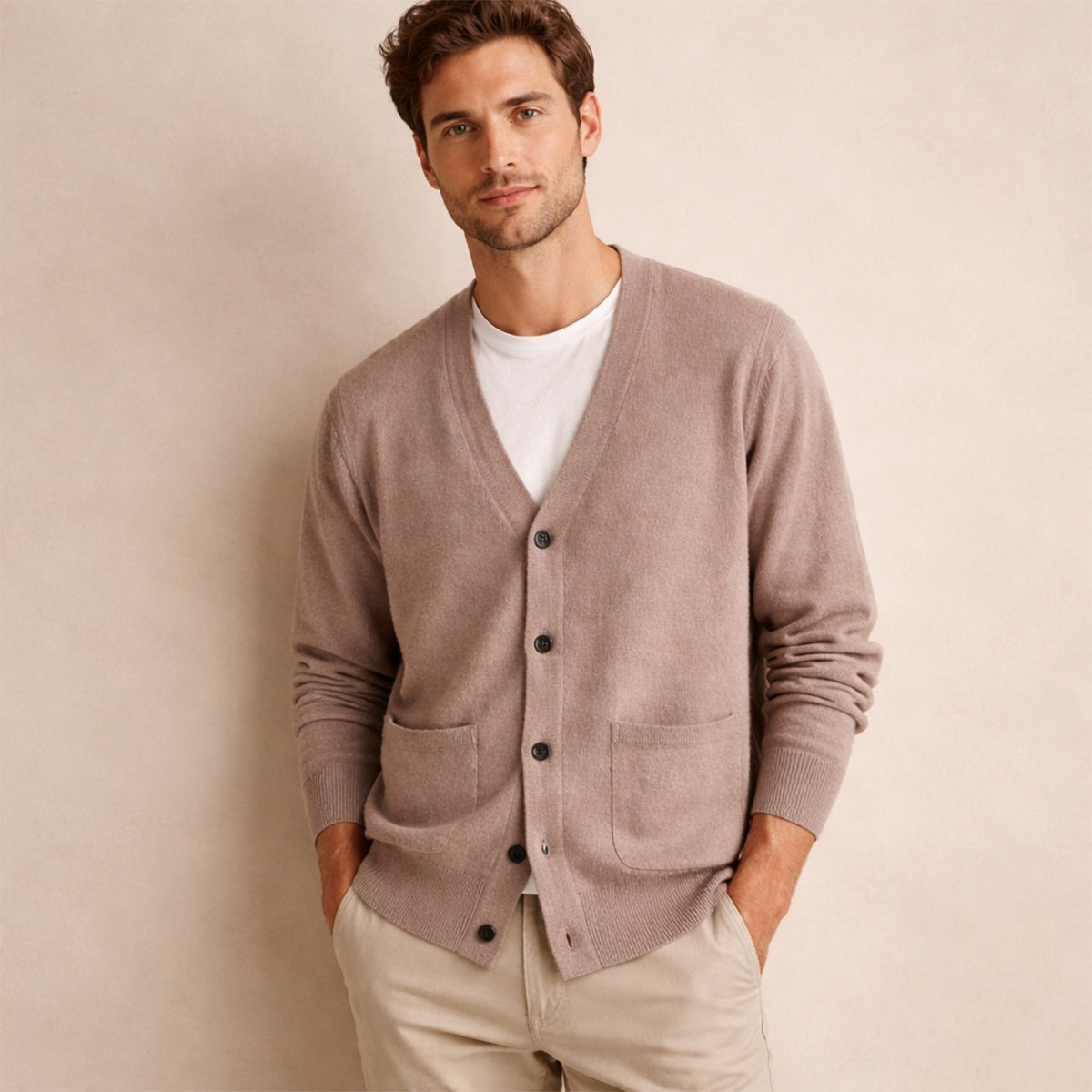 Men's V-neck button cardigan with long sleeves and patch pockets