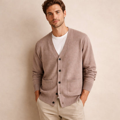 Men's V-neck button cardigan with long sleeves and patch pockets