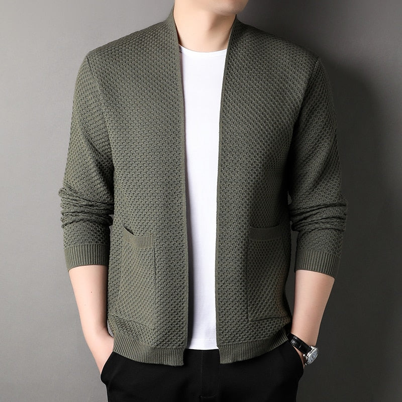 Men's textured open front cardigan with two patch pockets