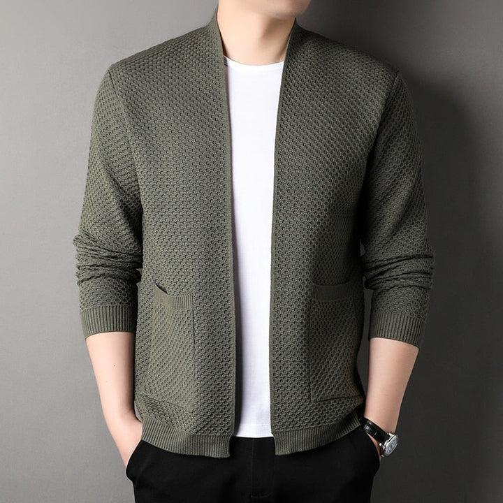 Men's textured open front cardigan with two patch pockets