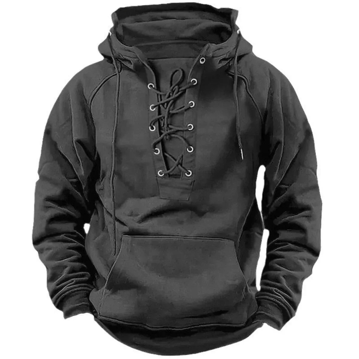 Men's long-sleeved lace-up hoodie with hood and kangaroo pocket