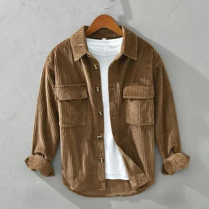Men's green and black corduroy overshirts with button fronts and chest pockets
