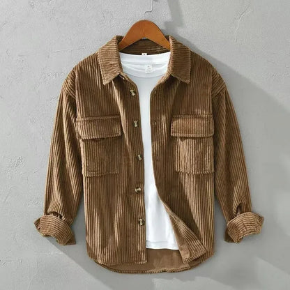 Men's green and black corduroy overshirts with button fronts and chest pockets