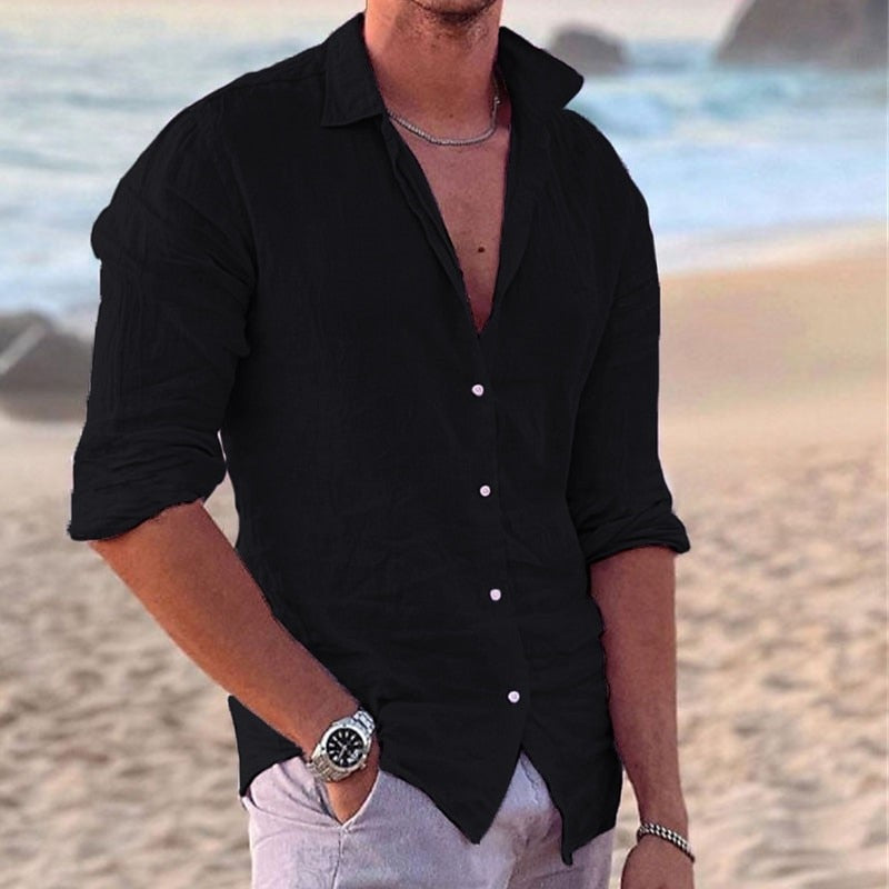 Men's Linen Blend Shirt, Long Sleeve, Button Through, Relaxed Fit