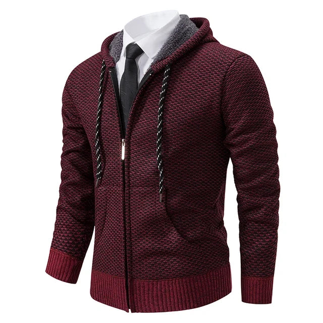 Men's textured full-zip hooded jumper with long sleeves and front pockets