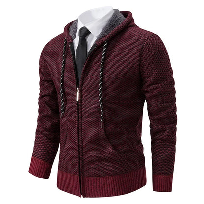 Men's textured full-zip hooded jumper with long sleeves and front pockets