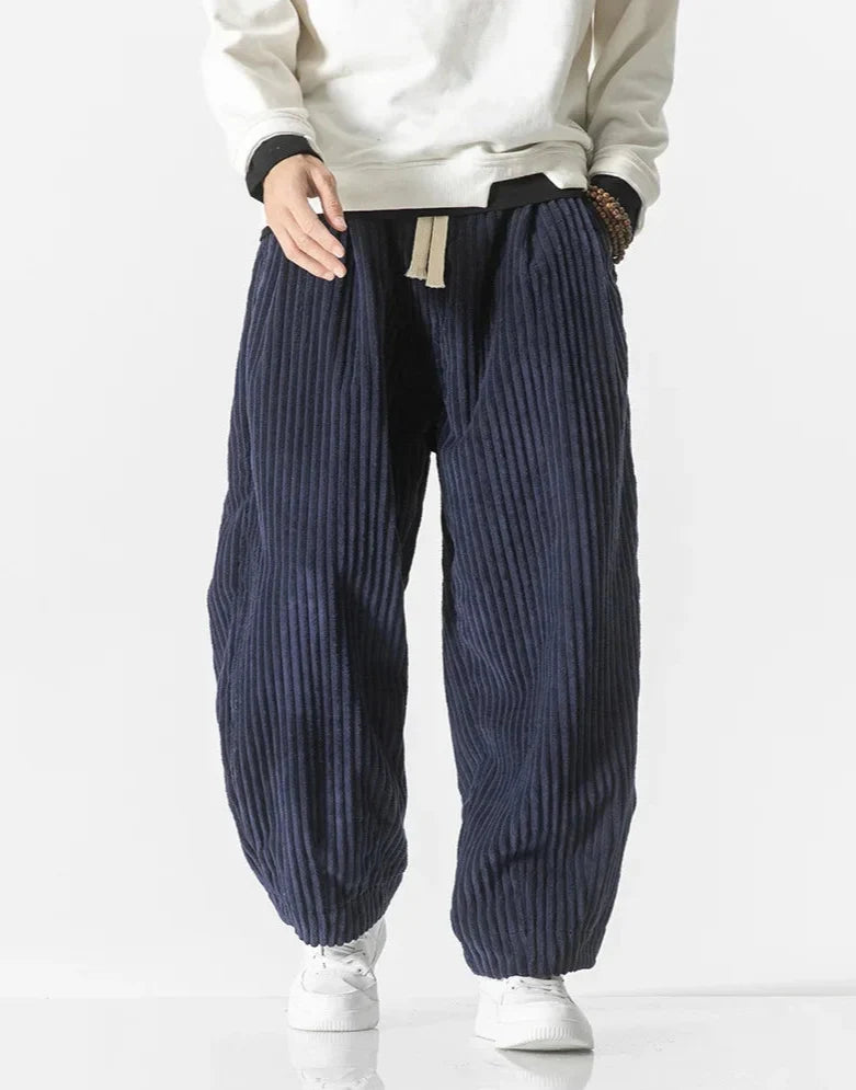 Wide-leg ribbed corduroy trousers with a drawstring waist