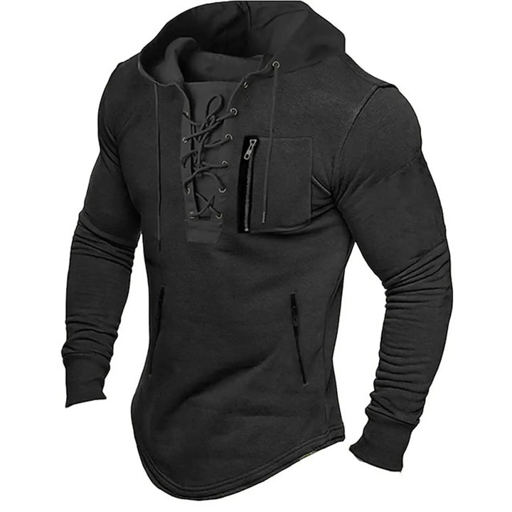 Men's hooded sweater with lace-up front and zip pockets