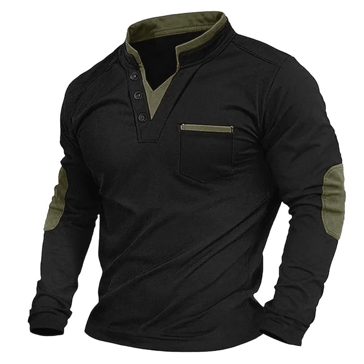 Men's V-neck sweatshirt with button placket and contrast elbow patches
