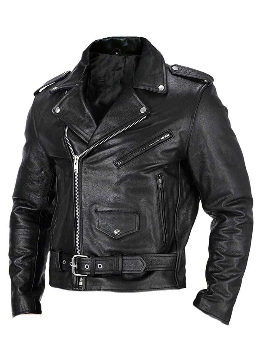 Men's fitted biker jacket with notched collar, angled zip, pockets and waist belt