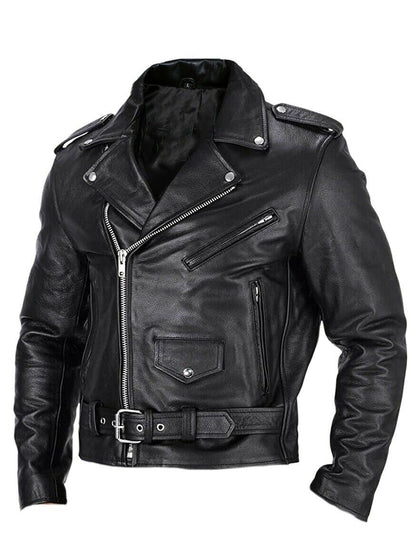 Men's fitted biker jacket with notched collar, angled zip, pockets and waist belt