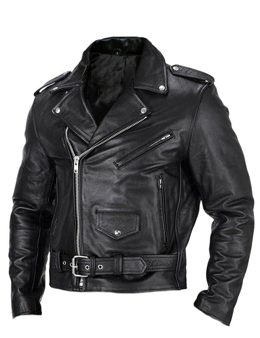 Men's fitted biker jacket with notched collar, angled zip, pockets and waist belt