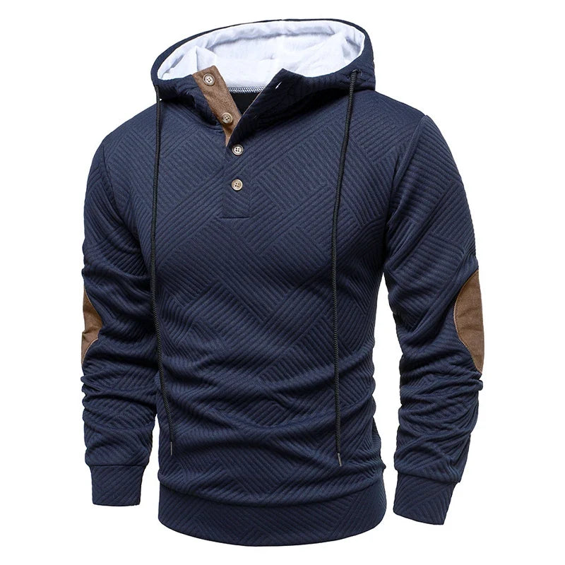 Men's textured hooded jumper with button placket and long sleeves