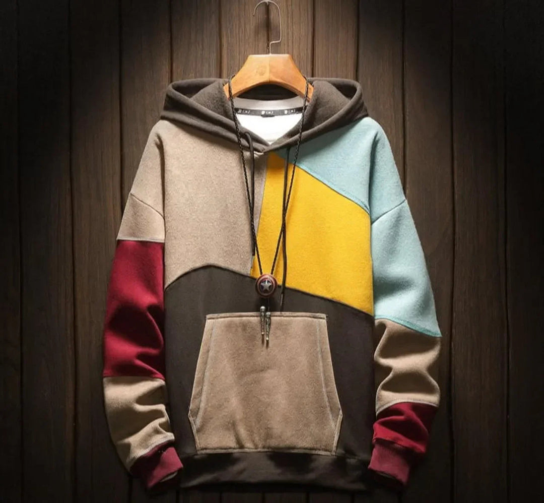 Men's multicolor geometric colorblock hoodie with hood and kangaroo pocket