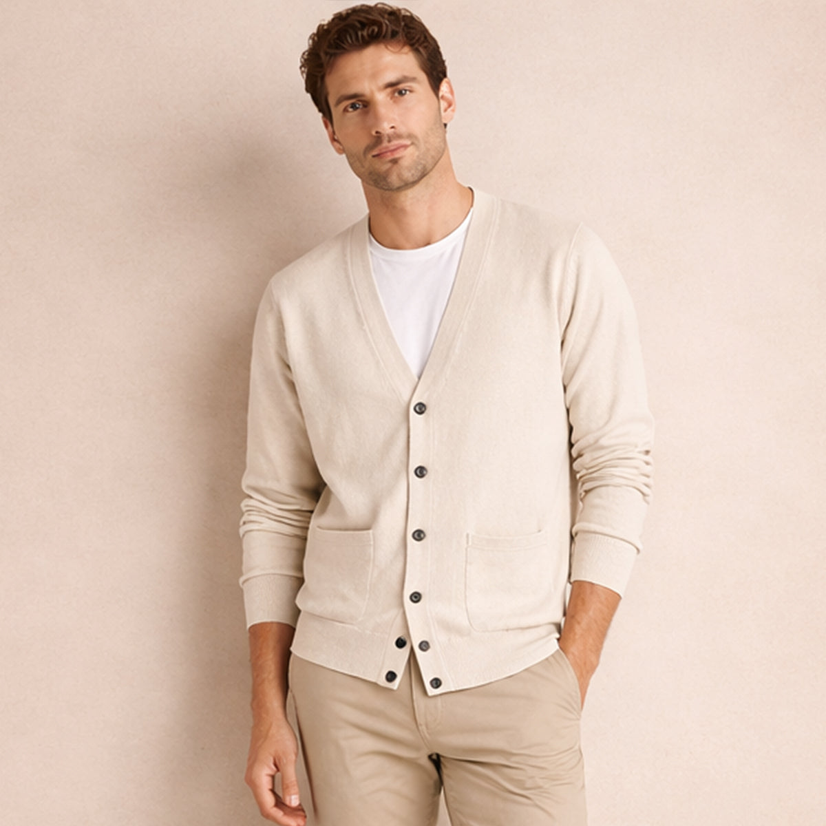 Men's V-neck button cardigan with long sleeves and patch pockets