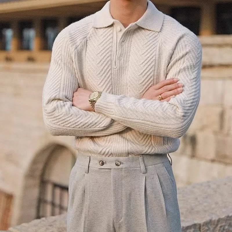 Men's long-sleeve textured polo sweater with collared neckline and button placket