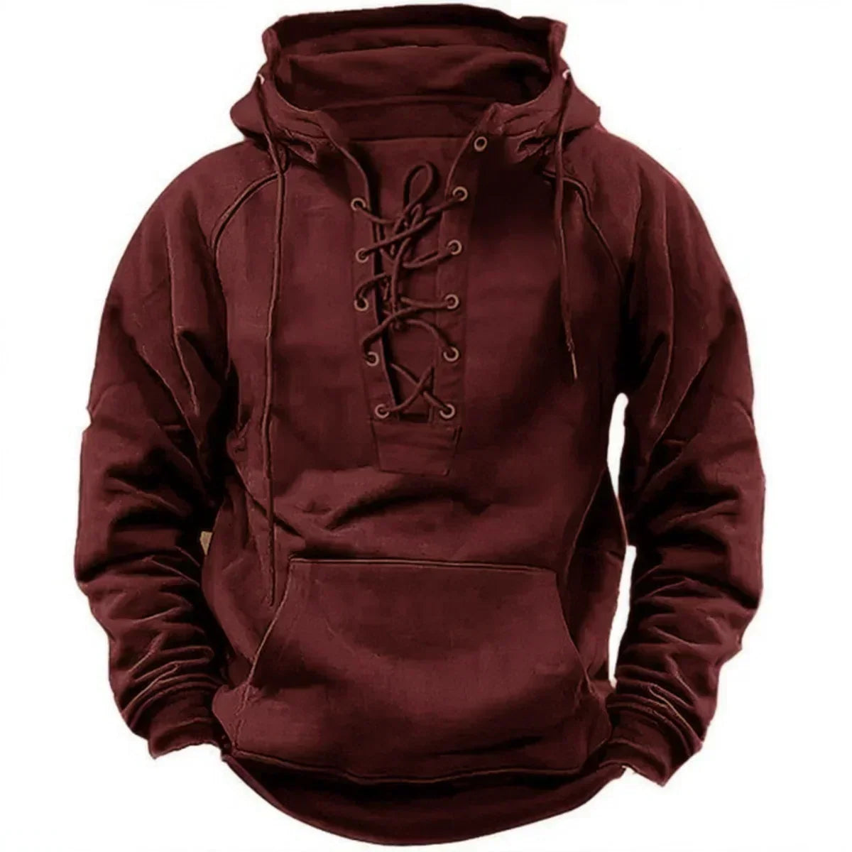 Men's long-sleeved lace-up hoodie with hood and kangaroo pocket
