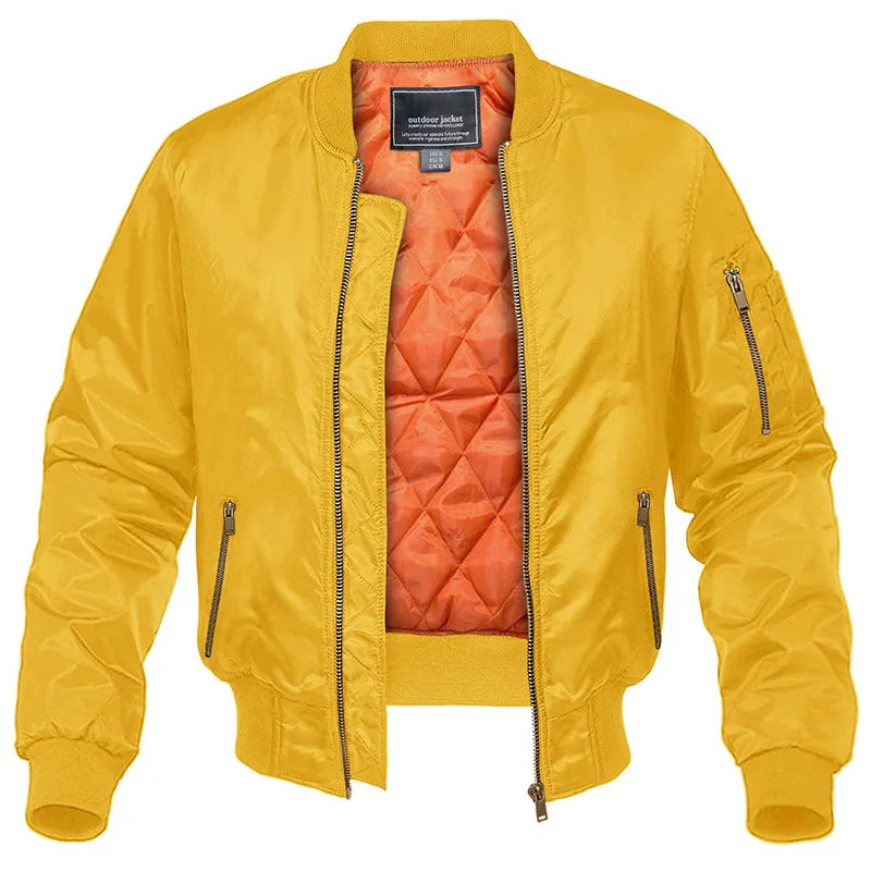 Men's quilted bomber jacket with zip front and ribbed trims