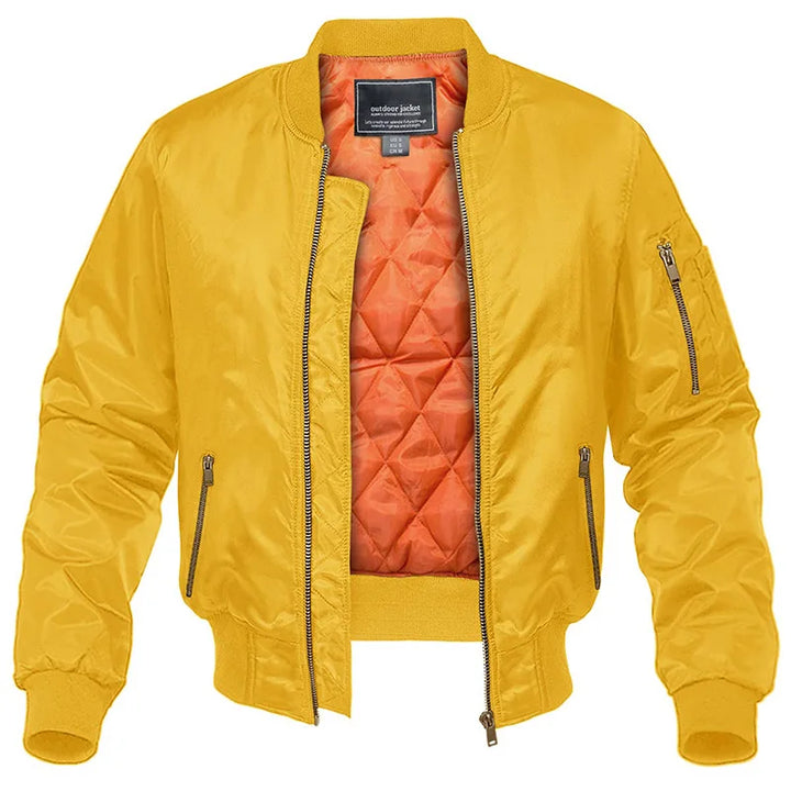 Men's quilted bomber jacket with zip front and ribbed trims