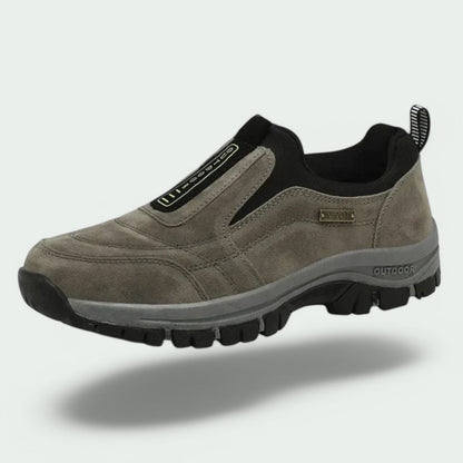 Unisex slip-on outdoor shoes with stitched panels, pull tab and chunky treaded sole