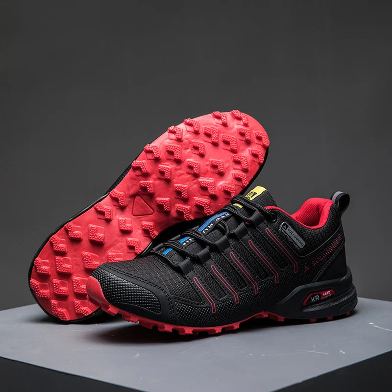 Men's low-cut lace-up hiking shoes with textured panels and rugged treaded soles