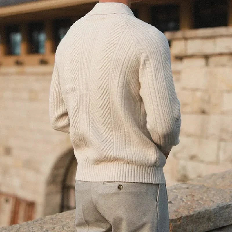Men's long-sleeve textured polo sweater with collared neckline and button placket