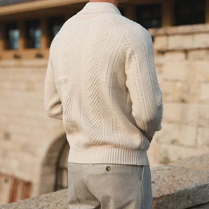 Men's long-sleeve textured polo sweater with collared neckline and button placket